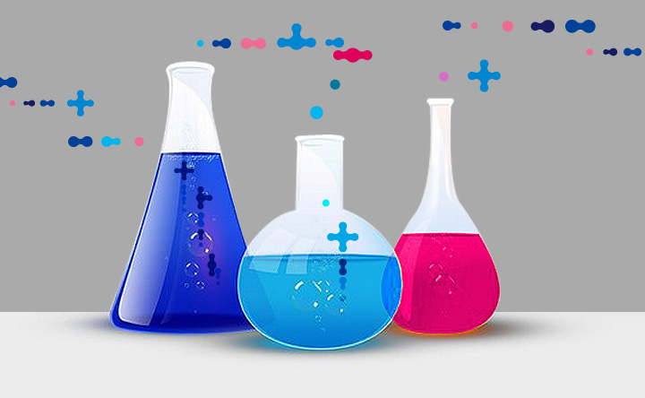 蓝粉液体化学实验烧瓶配加号元素,象征海淀实验二小实验文化与探索创新精神