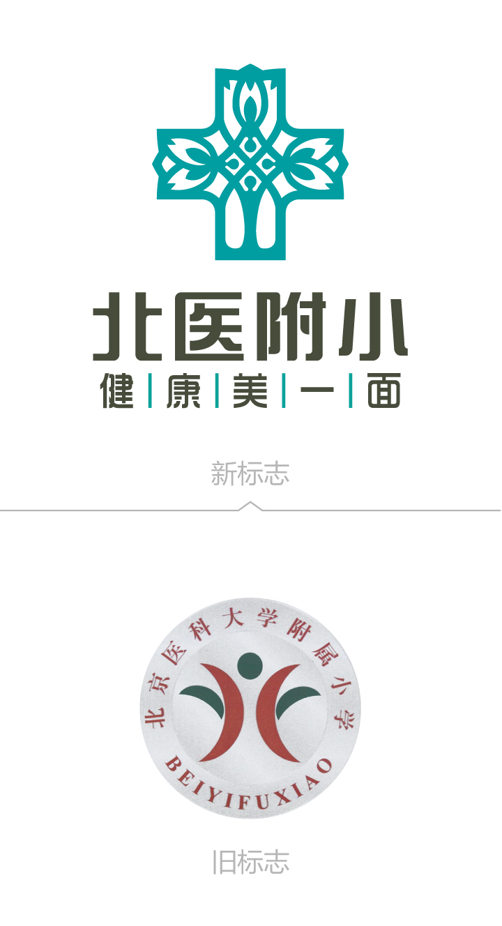 北医附小品牌标志新旧对比,剪纸十字新标志取代红色人形旧标志,锦连环教育品牌LOGO设计