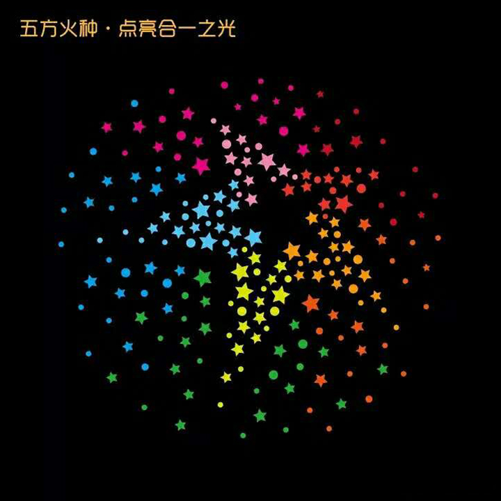 石油二小星火主题视觉图,黑底彩色星点发散图案,锦连环学校文化建设设计元素