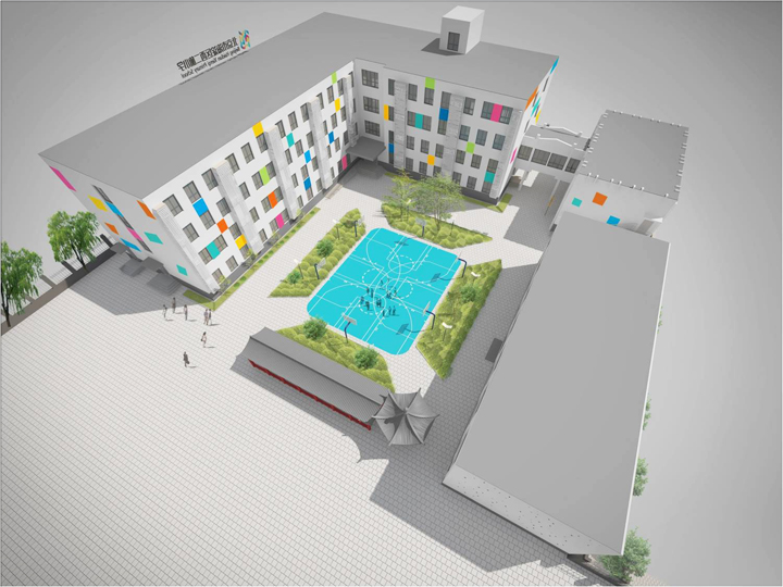 西二旗小学校园改造3D效果图,彩色立面搭配篮球场景观,锦连环校园环境建设整体设计呈现