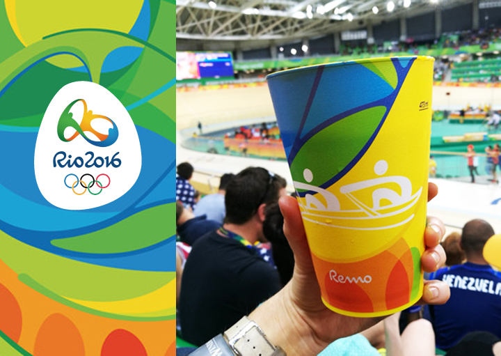 里约奥运会品牌应用，场馆Rio2016标志与彩绘纪念纸杯，品牌视觉识别应用落地