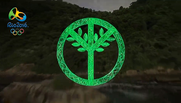 里约奥运开幕式首个全绿奥运五环造型,绿色圆环搭配树苗,环保品牌设计创意