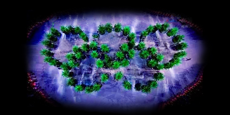 里约奥运开幕式由绿植组成的奥运五环,深色舞台上发光呈现,环保视觉创意