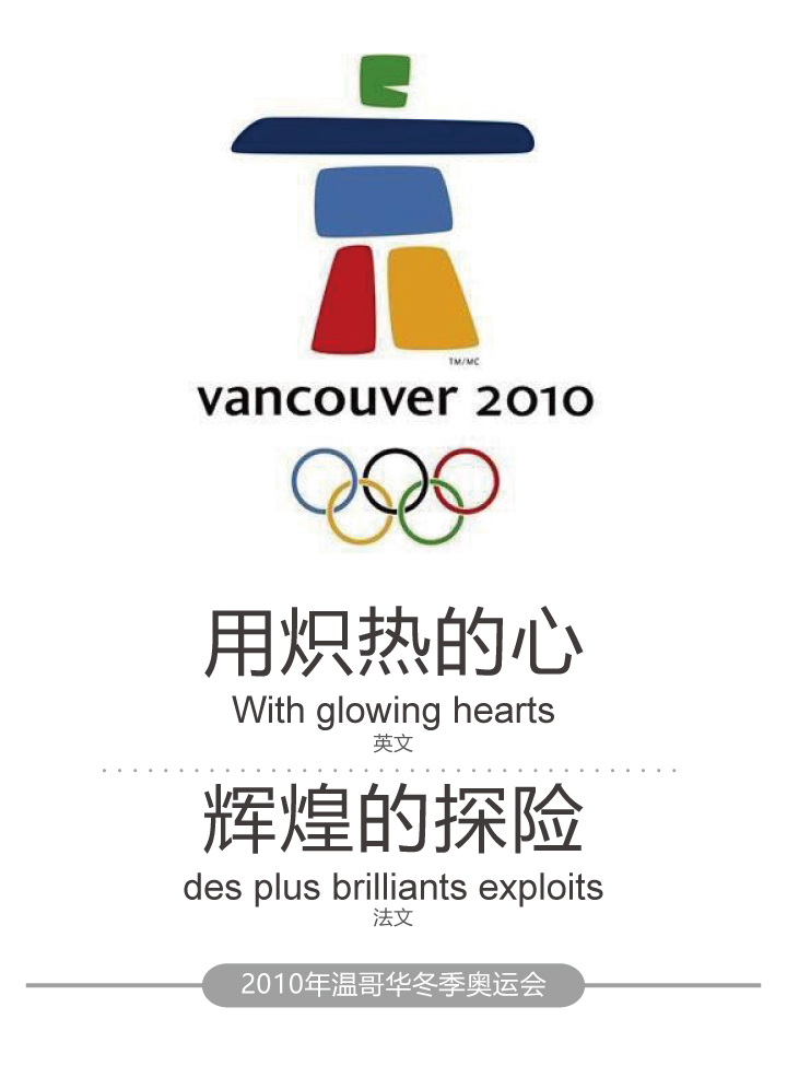 2010年温哥华冬季奥运会会徽与口号用炽热的心,因纽特石堆造型会徽设计