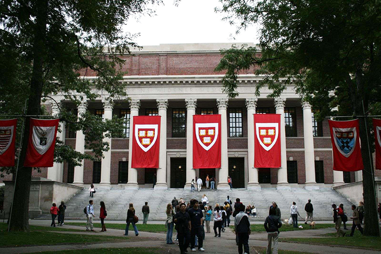 哈佛大学校园经典建筑悬挂哈佛红色校旗学生在草坪间穿行