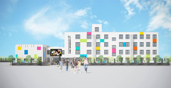 西二旗小学校园建筑外观彩色立面环境效果图