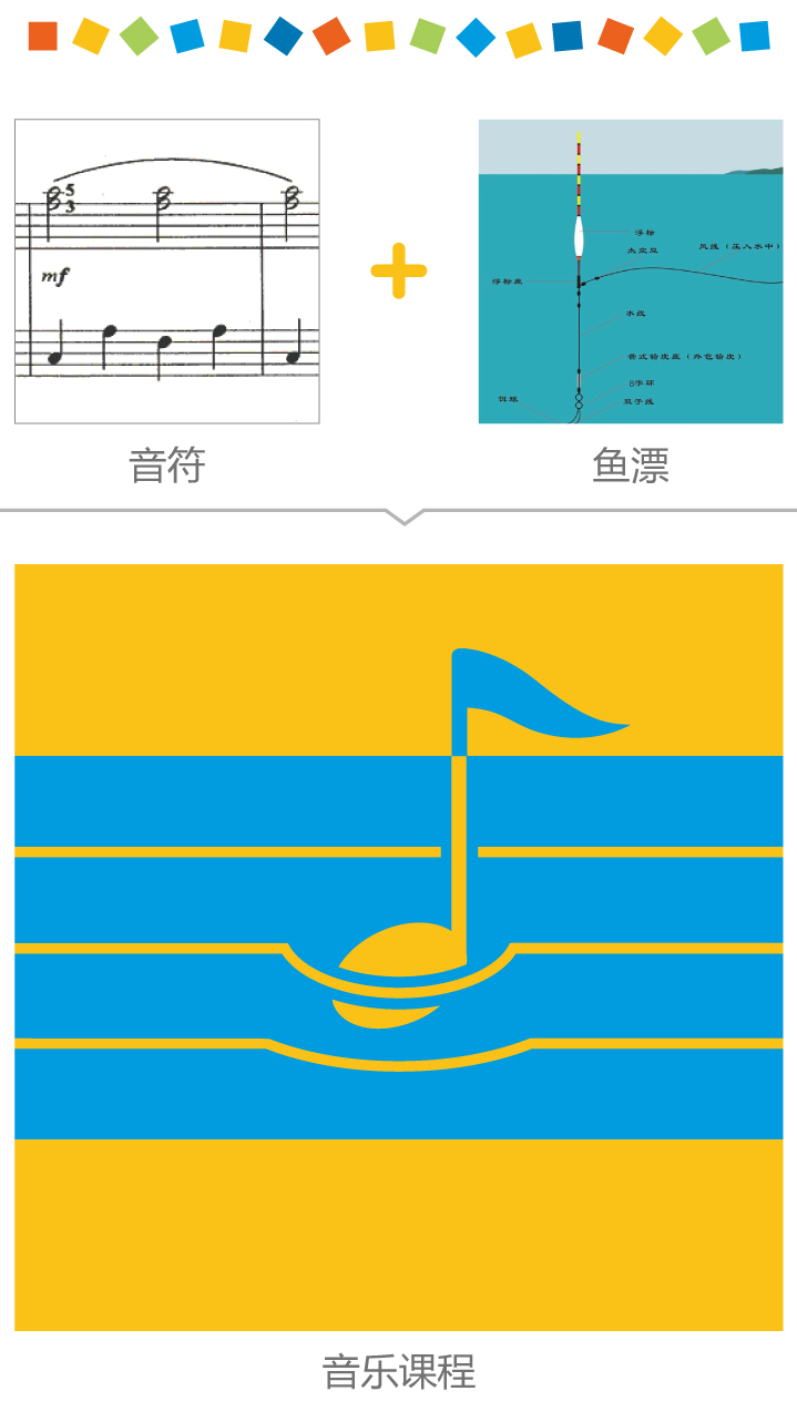 西二旗小学音乐课程主题黄色音符旗帜品牌图示设计