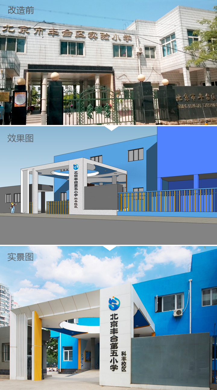 学校校门改造前后对比图,从旧校门到蓝色海洋主题新校门实景,北京丰合第五小学环境建设