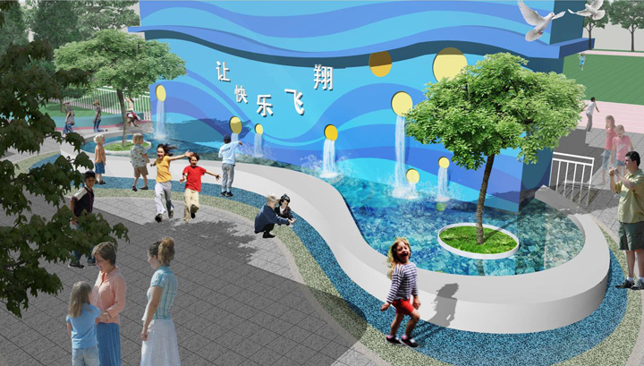 校园户外活动区效果图,蓝色海洋主题文化墙与水景,师生在其中活动游玩