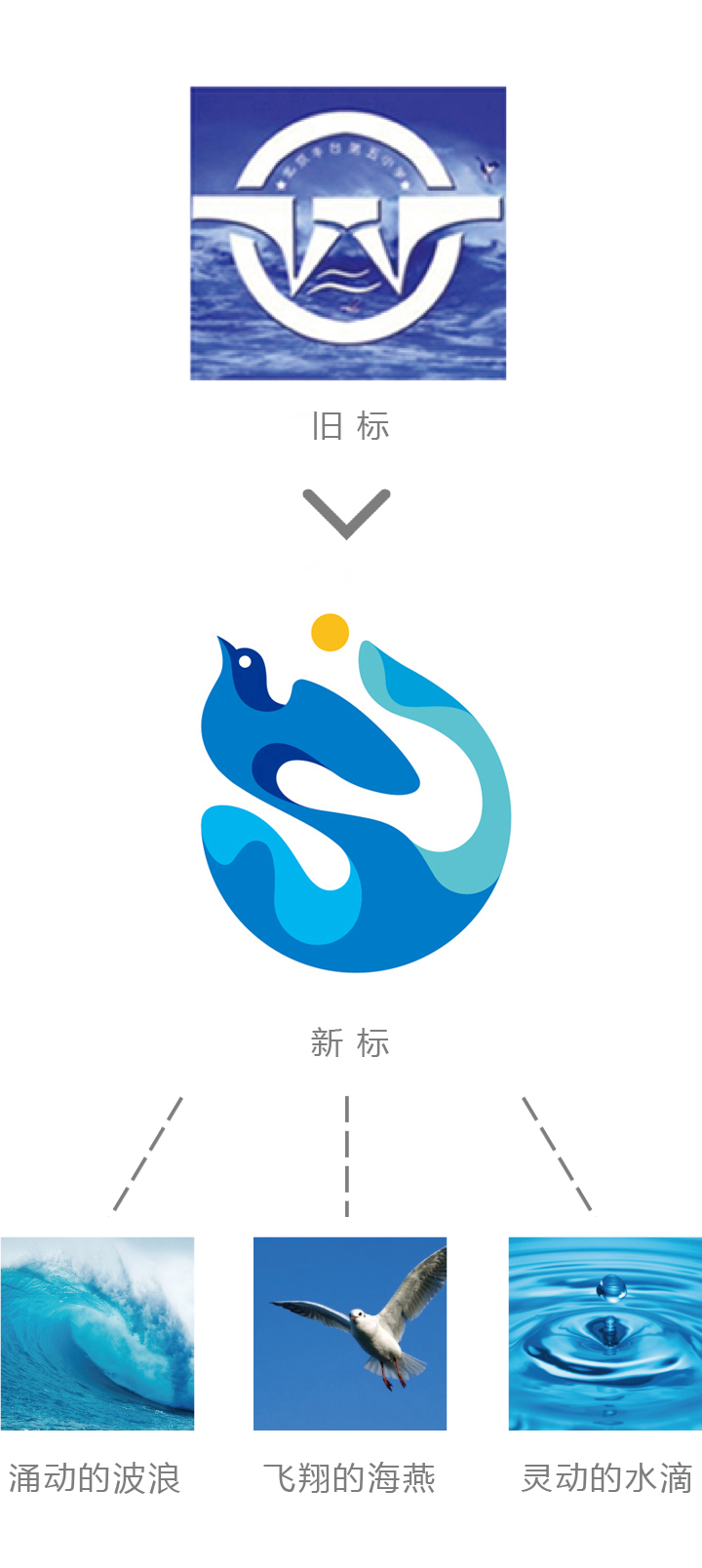 学校新旧标志对比,由旧校徽升级为蓝色海浪海燕水滴元素新标识,校徽VI设计