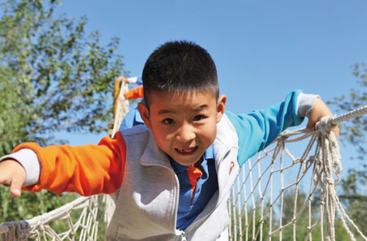 户外草地间伸手触摸植物的小男孩，东北旺中心小学体验自然成长场景
