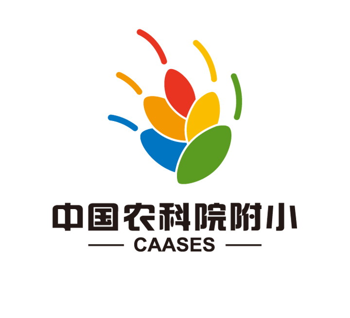 中国农科院附小校徽完整标志，彩色花瓣人形造型配CAASES英文，锦连环教育品牌设计