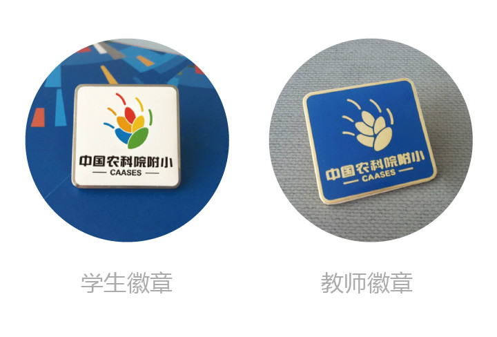中国农科院附小学生徽章与教师徽章胸牌设计，彩色花瓣标志应用，锦连环VI系统设计