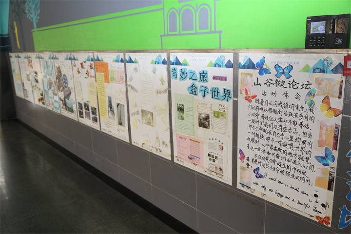 大峪中学走廊山谷叙论坛主题文化墙，绿色背景配学生作品展板，校园文化建设实景