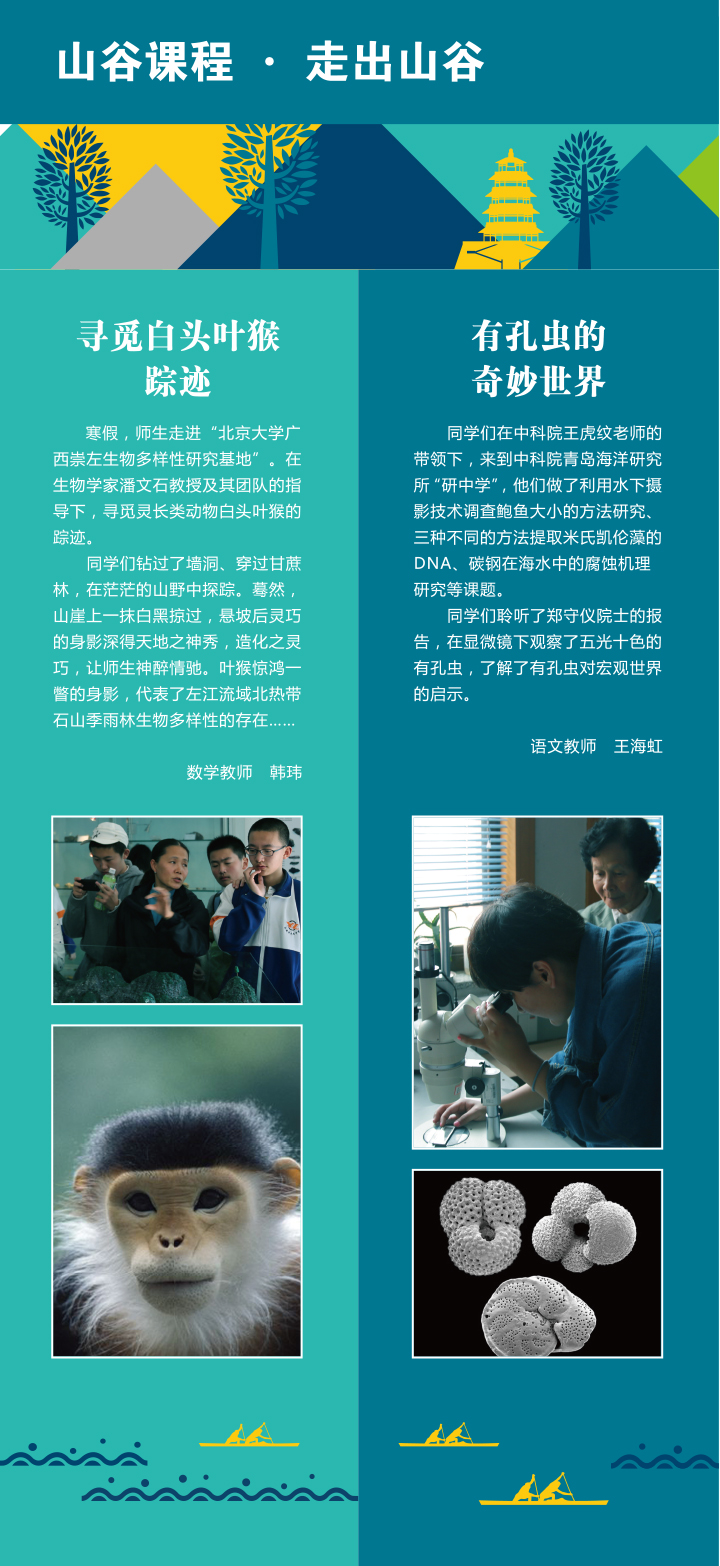 大峪中学“山谷课程·走出山谷”版面，寻觅白头叶猴与有孔虫课程，锦连环校园课程设计