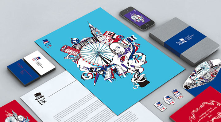 First UK品牌VI办公应用展示，名片信纸等伦敦插画视觉规范，锦连环教育品牌设计