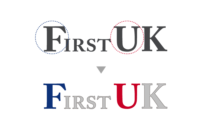 First UK标志字体演变图,由单色升级为英伦红蓝配色,锦连环教育品牌升级设计