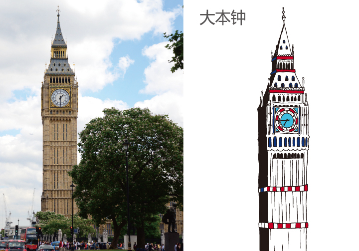 伦敦大本钟实景与红蓝手绘插画对照,First UK英伦地标,锦连环教育品牌设计