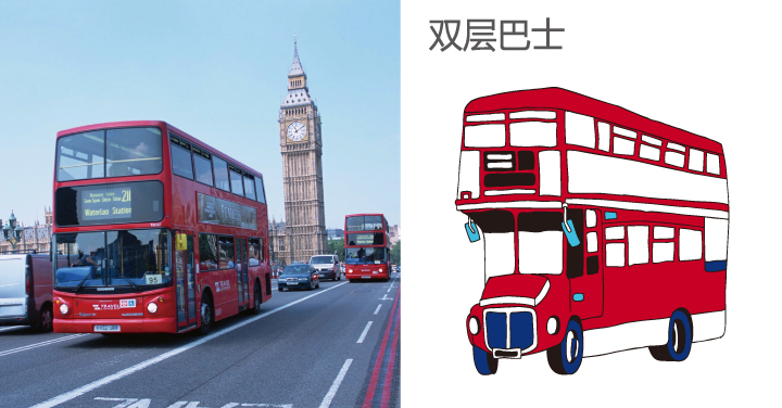 伦敦双层巴士实景与手绘插画对照,First UK英伦风情,锦连环教育品牌设计