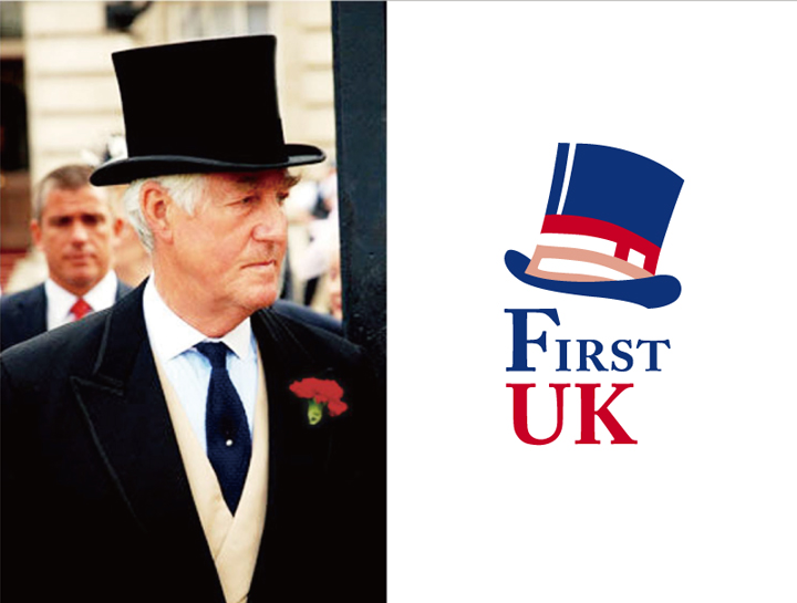 戴高顶礼帽绅士实景与First UK礼帽标志,英伦绅士气质,锦连环教育品牌设计