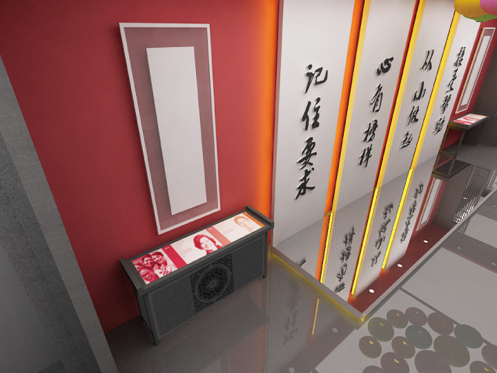 民族小学校园文化墙效果图,中式书法立柱展现记住要求文化内涵