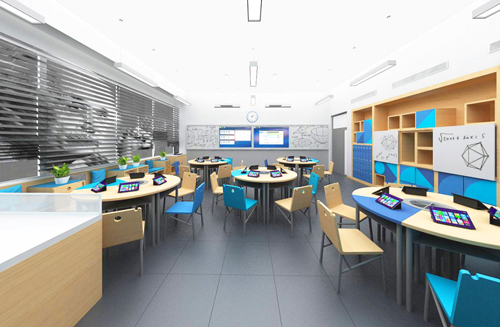 新英才学校理科未来教室效果图,圆桌平板的灵活学习空间设计