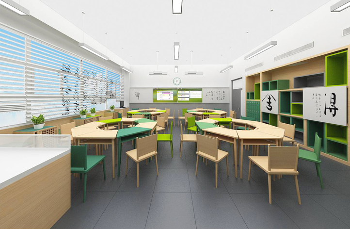 新英才学校未来教室效果图,绿色调圆桌与书法墙的学科教室设计