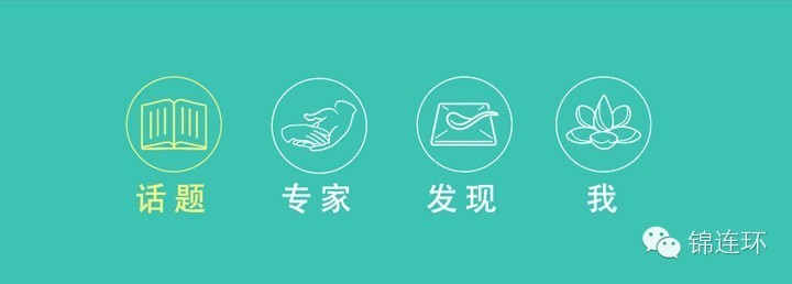 知子花App底部导航图标，话题、专家、发现、我四项功能，锦连环教育品牌界面图标设计