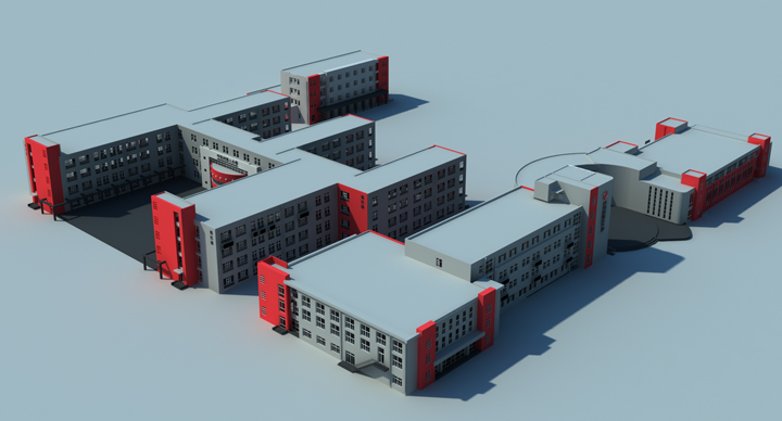 中关村第二小学建筑群三维鸟瞰效果图，红灰相间外墙规划，锦连环校园建筑色彩设计
