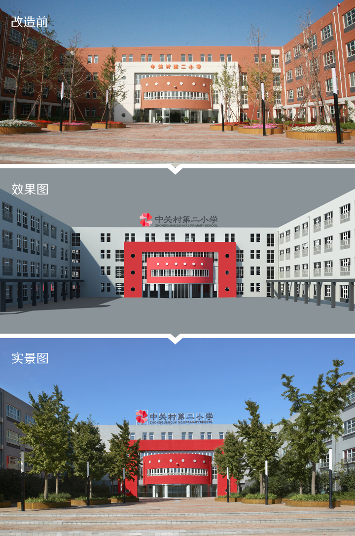 中关村第二小学建筑外墙改造前后对比照片三联，锦连环校园建筑色彩提升设计