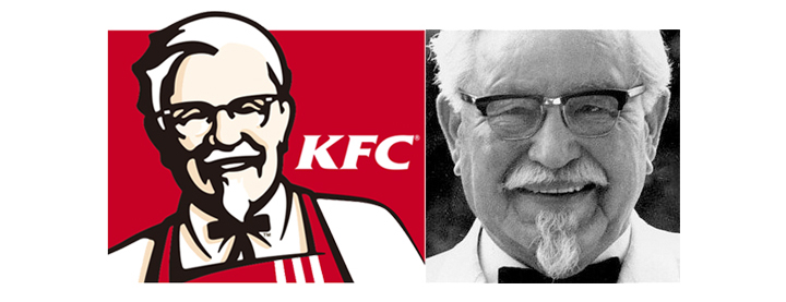 肯德基KFC桑德斯上校卡通商标与创始人黑白照片,品牌化设计塑造识别度极高的个人形象