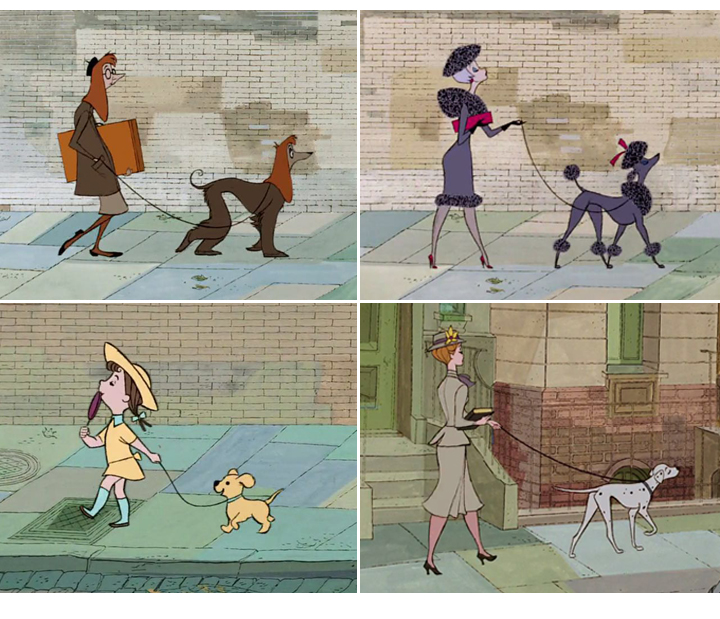 四格复古插画不同人物牵伴宠物行走街头,以差异化形象隐喻群聚状态下的个人品牌识别