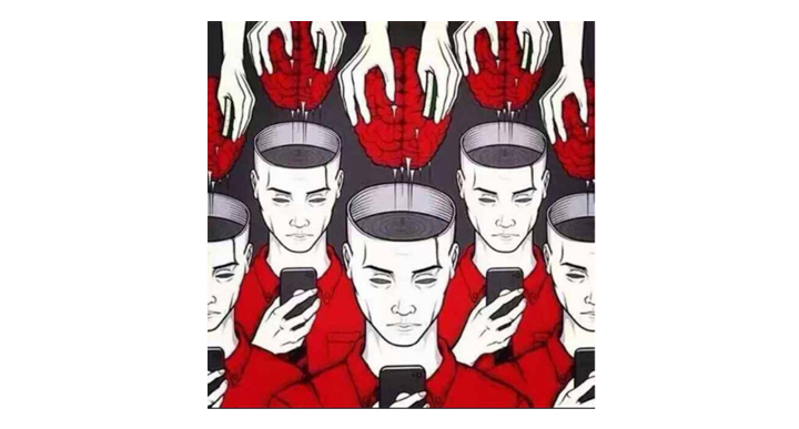插画中一群人低头紧盯发红光手机,讽刺移动时代人们对手机社交与头像形象的高度依赖