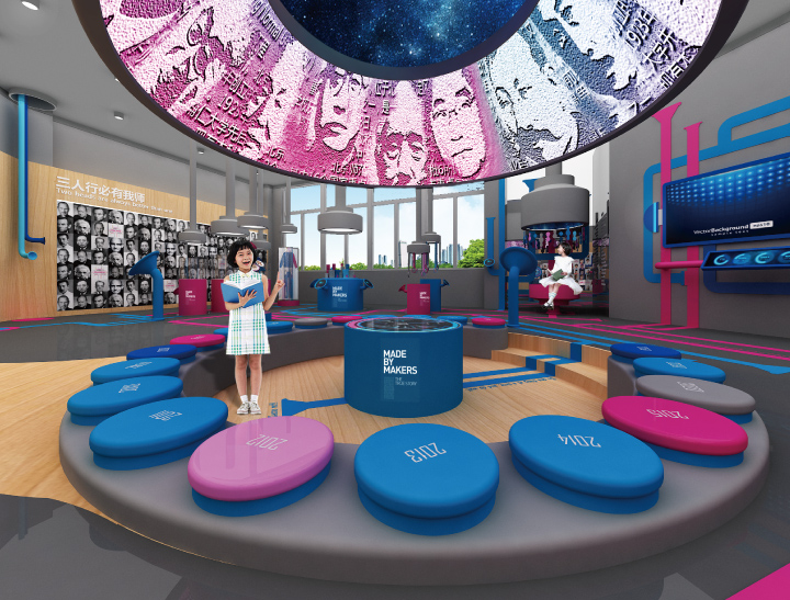海淀实验二小特色环形展示空间实景,学生活动场景体现校园文化建设氛围