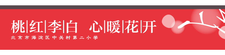 中关村二小桃红李白心暖花开教育愿景红色横幅，桃花与花瓣图案展现教育品牌设计形象