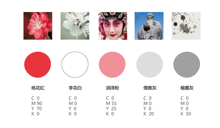 中关村二小品牌色彩系统，桃花红李花白等主色搭配CMYK色值的VI规范展示