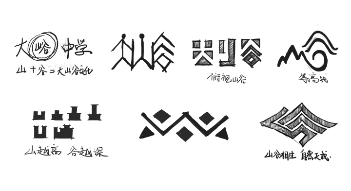 大峪中学校标多个原创设计方案草图，围绕山加谷俯视山谷等高线等思路探索山谷相生主题图形