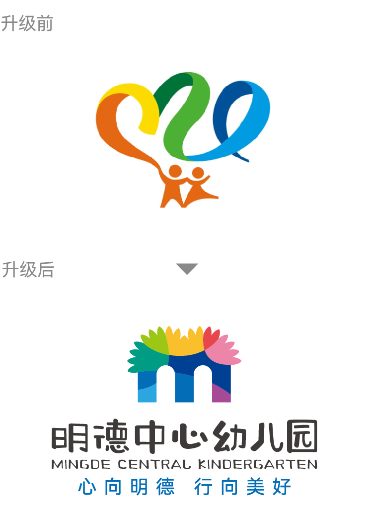 明德中心幼儿园园徽升级前后对比 锦连环设计 花朵人形彩色新标志