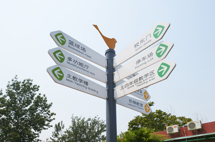 田村中心小学校园多向指路牌 锦连环导视系统 顶部小鸟造型绿色箭头