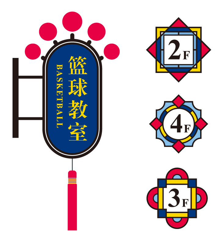 荔湾区青少年宫篮球教室指示牌与楼层导视 戏曲彩框造型