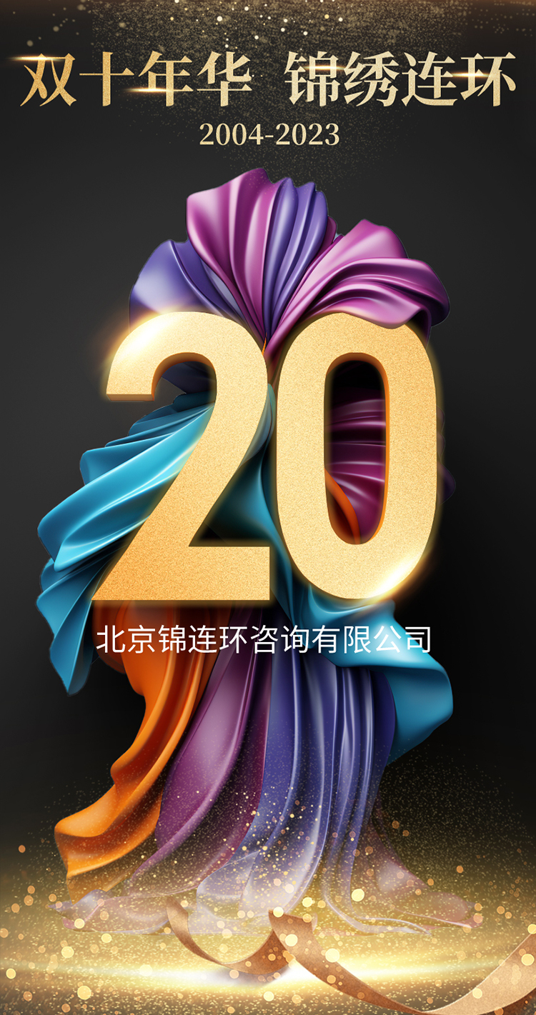 锦连环成立二十周年纪念主题海报 金色立体20数字与双十年华锦绣连环字样