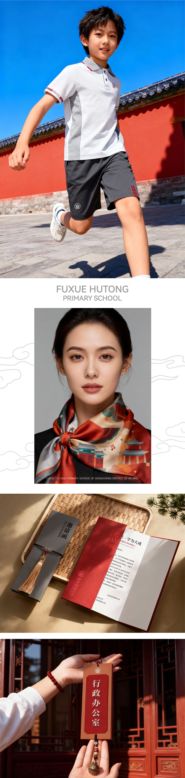 府学胡同小学校服丝巾品牌应用，素雅挺括彰显尔雅气质，视觉元素转化为精神风貌