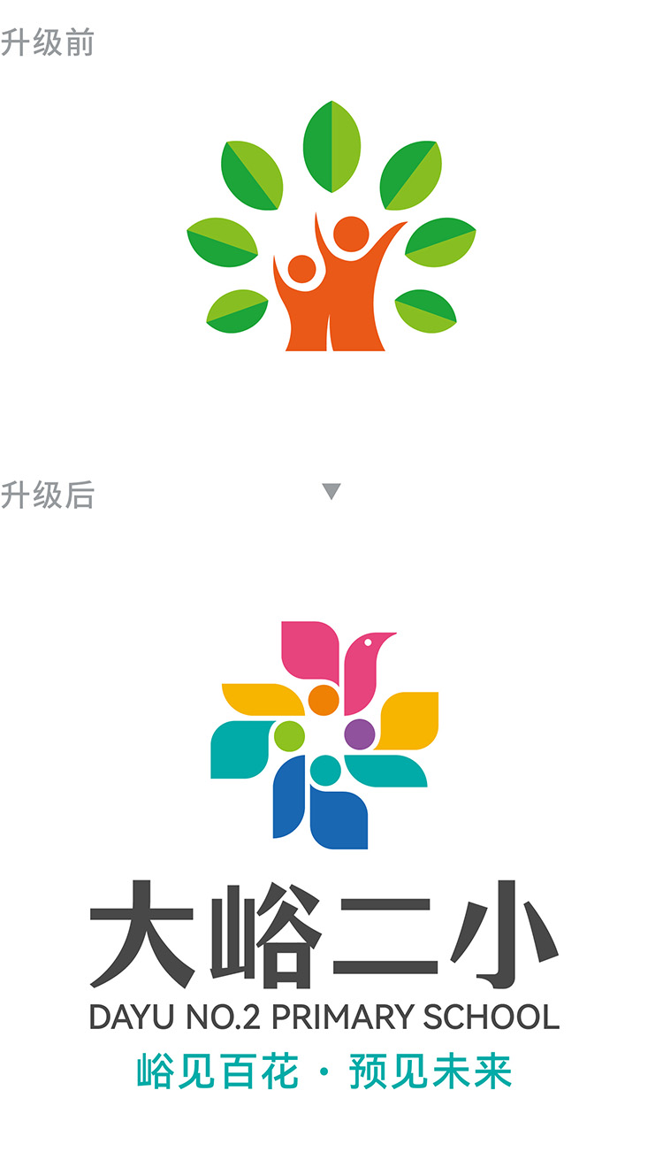 大峪二小标志色彩系统解析,蓝绿如山谷沃土托举成长根基,橙红暖黄似朝阳点亮璀璨远方