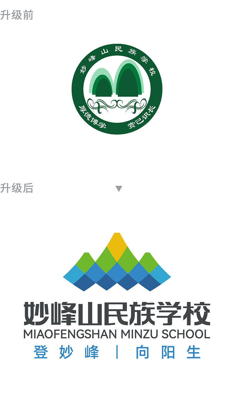 妙峰山民族学校标志色彩系统,深蓝浅蓝苍绿暖黄四色,向上向阳向未来成长热忱